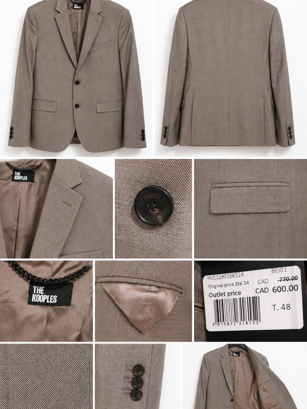 The Kooples Men's Slim-Fit Taupe Wool Blazer Sport Coat NWT EU 48 US 38R